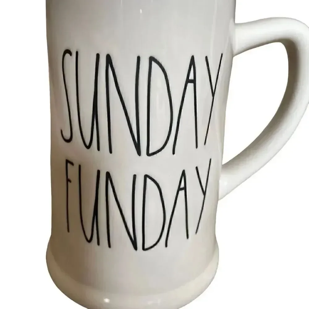 Rae Dunn SUNDAY FUNDAY Beer Stein White Stein with black lettering